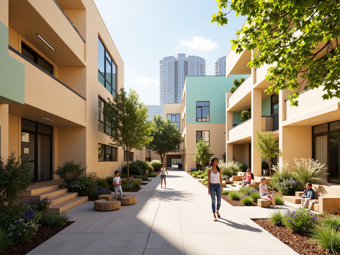 Prompt: Vibrant community center, warm beige walls, soft pastel accents, calming green spaces, playful kid-friendly zones, accessible ramps, modern minimalist architecture, large windows, natural light, earthy tones, sustainable materials, eco-friendly design, welcoming entranceways, cozy seating areas, vibrant street art, urban cityscape, sunny day, soft warm lighting, shallow depth of field, 3/4 composition, realistic textures, ambient occlusion.