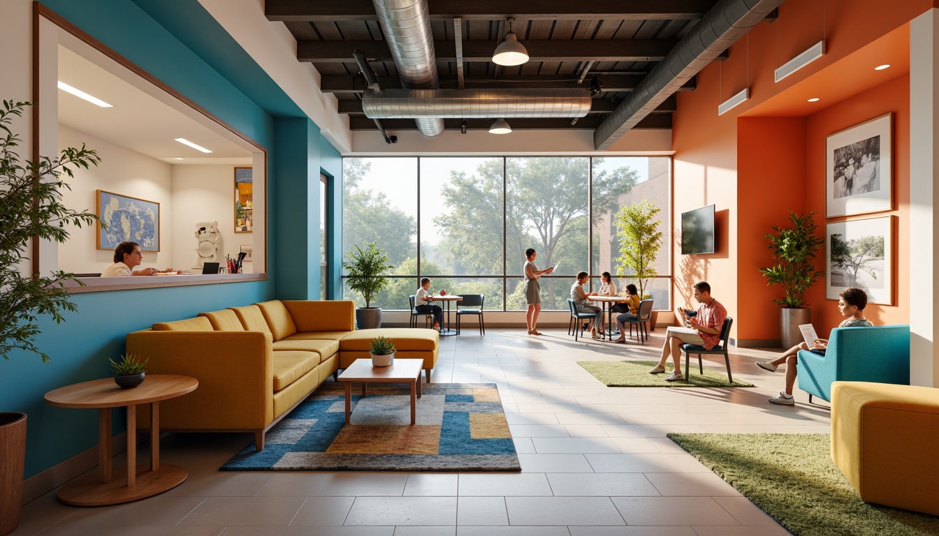 Prompt: Vibrant student halls, bold color schemes, energetic atmosphere, youthful furniture, modern amenities, communal spaces, collaborative learning areas, cozy private rooms, calming pastel shades, stimulating bright accents, natural wood tones, industrial chic decor, eclectic art pieces, lively patterned rugs, warm task lighting, soft ambient glow, 3/4 composition, shallow depth of field, realistic textures.