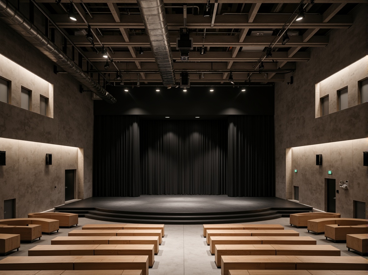 Prompt: Minimalist theater interior, concrete floors, industrial metal beams, exposed ductwork, simple wooden seats, sleek black stage, subtle LED lighting, dramatic spotlights, acoustic panels, sound-absorbing materials, neutral color palette, monochromatic tones, clean lines, minimal ornamentation, functional simplicity, urban loft atmosphere, high ceilings, open space, flexible seating arrangements, movable partitions, versatile performance areas, warm ambient glow, soft shadows, 1/1 composition, realistic textures, subtle reflections.