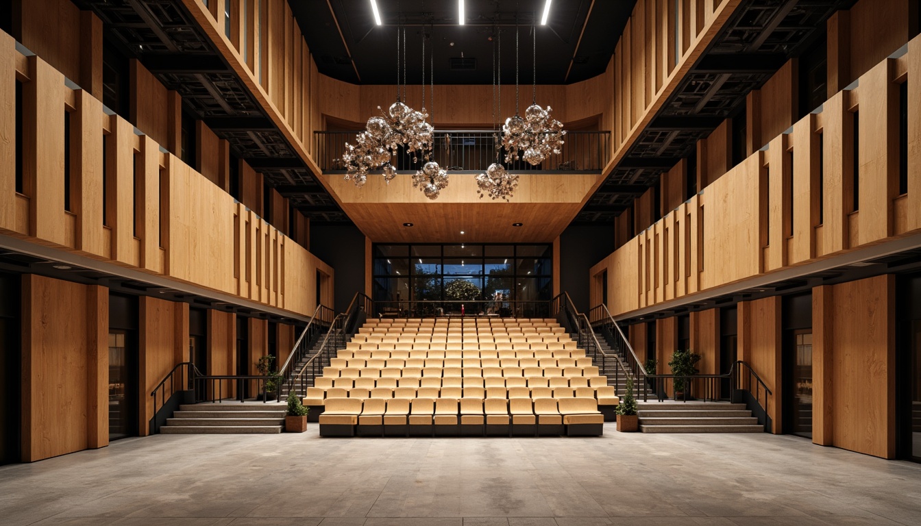 Prompt: Bauhaus-style auditorium, rectangular shape, minimalist design, industrial materials, exposed ductwork, concrete floors, steel beams, wooden accents, geometric patterns, functional lighting, adjustable acoustic panels, sound-absorbing materials, tiered seating, curved balconies, grand staircase, dramatic chandeliers, warm color scheme, natural textiles, urban atmosphere, soft box lighting, 1/2 composition, realistic reflections, ambient occlusion.