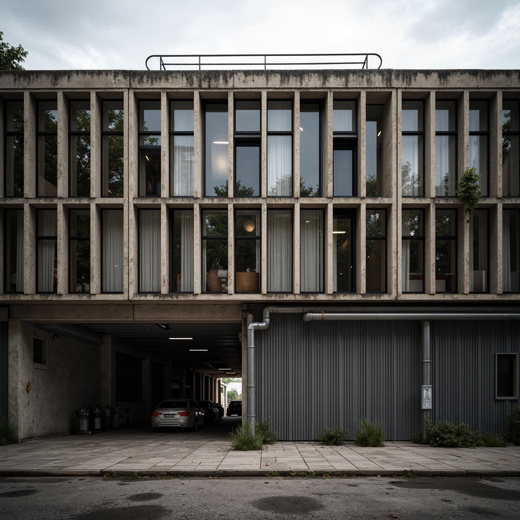 Prompt: Rugged industrial facade, exposed steel beams, raw concrete walls, corrugated metal cladding, functional pipes, minimalist windows, brutalist architecture, urban landscape, overcast sky, dramatic shadows, high-contrast lighting, 1/2 composition, symmetrical framing, gritty textures, ambient occlusion.