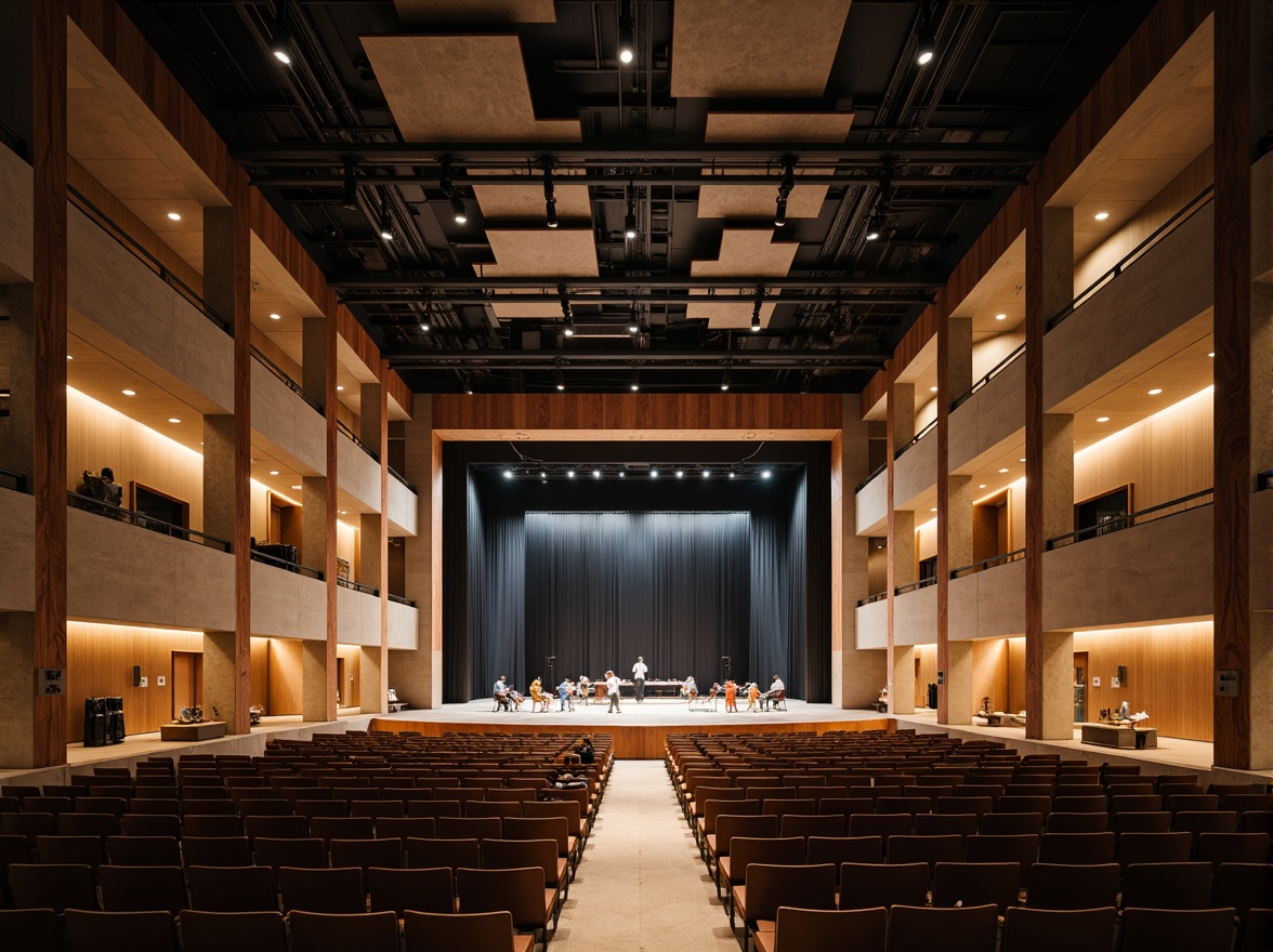 Prompt: Bauhaus-style auditorium, minimalist interior design, rectangular shape, industrial materials, exposed ductwork, concrete floors, steel beams, wooden accents, geometric patterns, functional lighting, suspended acoustic panels, sound-absorbing materials, tiered seating, curved balconies, grand stage, dramatic spotlights, warm color scheme, intimate atmosphere, 1/2 composition, low-angle shot, soft focus, ambient occlusion.