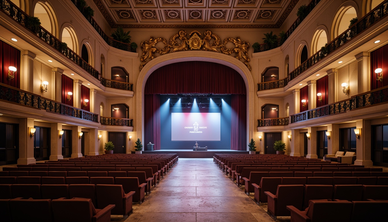 Prompt: Grand auditorium, ornate facade, intricate stone carvings, sweeping arches, grand entrance, polished marble floors, luxurious velvet curtains, golden accents, dramatic spotlights, tiered seating, acoustic panels, soundproofing materials, minimalist decor, modern LED lighting, dynamic color changing effects, 3/4 composition, shallow depth of field, realistic textures, ambient occlusion.