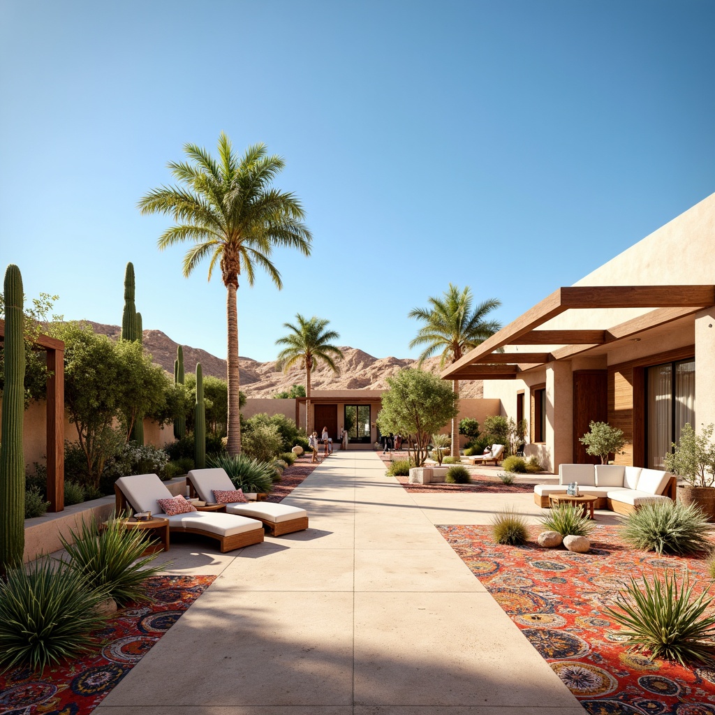 Prompt: Desert oasis, sandy dunes, cactus plants, succulent gardens, hot sunny day, clear blue sky, vast open space, modern desert-inspired architecture, earthy tones, natural stone walls, wooden accents, minimalist design, xeriscaping, drought-tolerant plants, water-efficient irrigation systems, outdoor seating areas, shaded pergolas, misting systems, vibrant colorful textiles, intricate geometric motifs, warm ambient lighting, shallow depth of field, 3/4 composition, panoramic view.