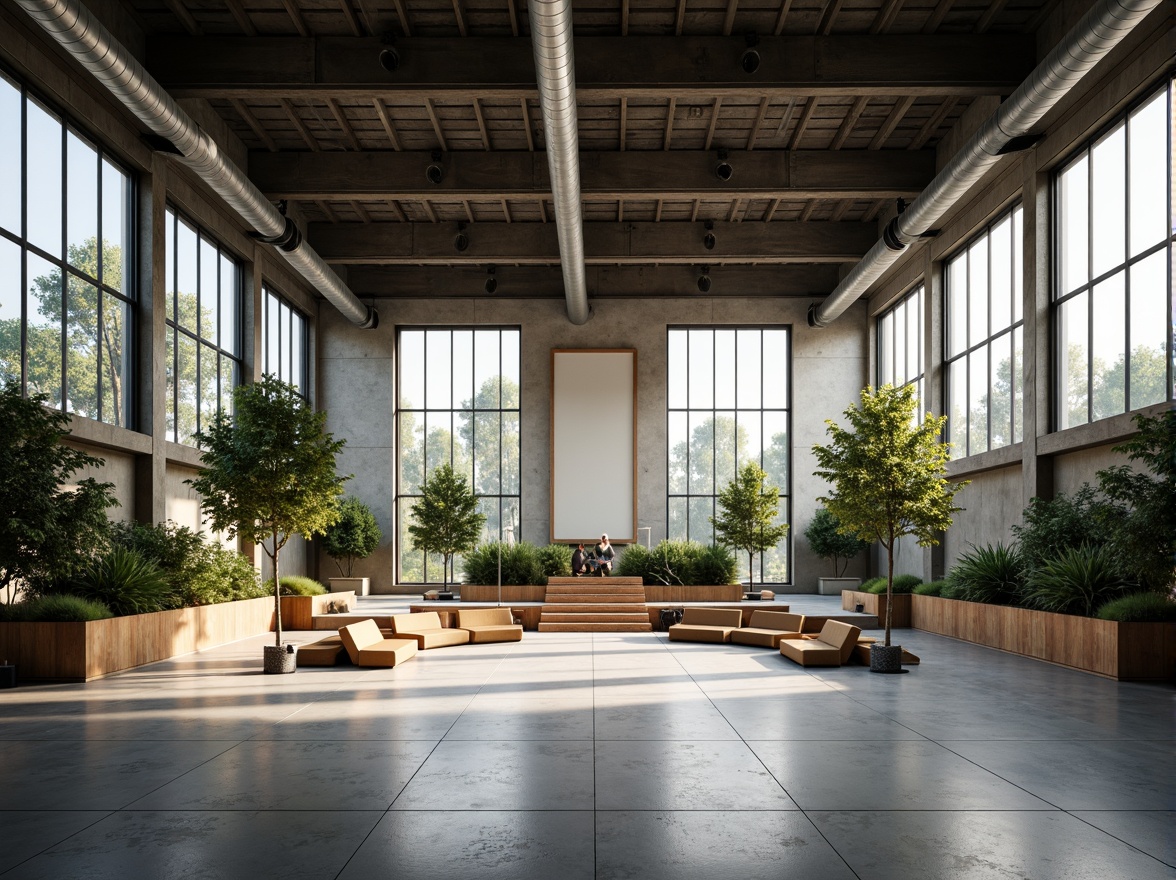 Prompt: Bauhaus-style auditorium, natural light pouring in, large windows, minimalist interior, industrial metal beams, exposed ductwork, polished concrete floors, geometric-shaped stage, functional seating, warm wooden accents, subtle color palette, abundant greenery, lush plants, soft diffused lighting, high ceilings, open space, 1/1 composition, realistic textures, ambient occlusion.