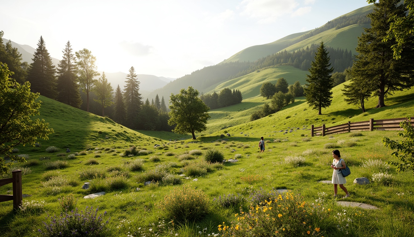 Prompt: Rolling hills, lush green grass, wildflowers, meandering pathways, rustic wooden fences, natural stone benches, serene atmosphere, warm sunlight, soft breeze, shallow depth of field, 3/4 composition, panoramic view, realistic textures, ambient occlusion, gentle slopes, scattered trees, native plant species, eco-friendly maintenance, sustainable irrigation systems, minimalist design, organic shapes, earthy color palette.