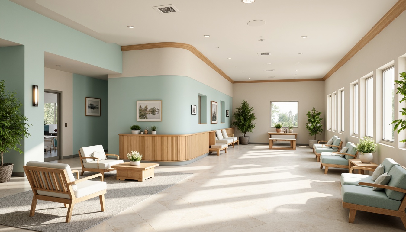 Prompt: Soothing hospital interior, calming color scheme, gentle pastel hues, soft whites, creamy beiges, pale blues, muted greens, warm wood accents, natural stone floors, comfortable seating areas, peaceful waiting rooms, serene patient rooms, gentle lighting, subtle texture contrasts, 1/1 composition, shallow depth of field, realistic renderings, ambient occlusion.