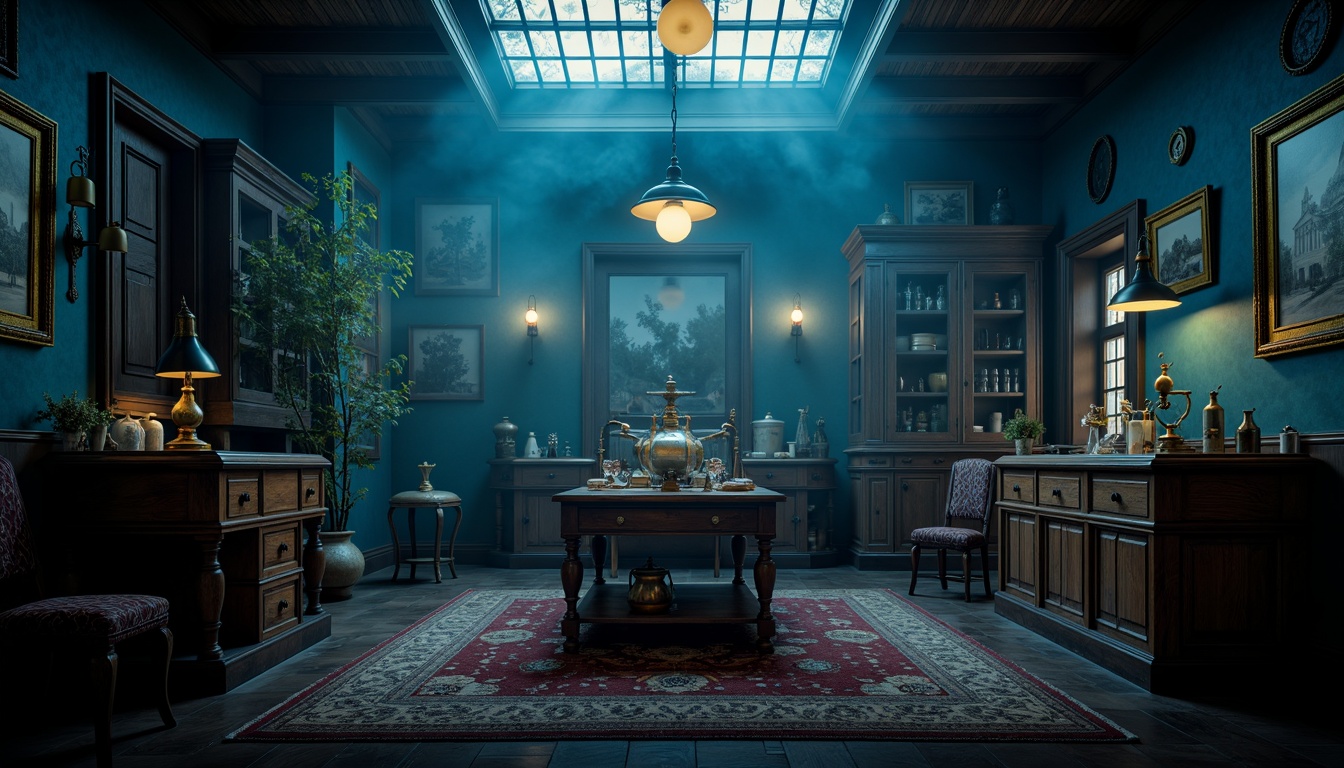 Prompt: Dark mysterious atmosphere, Prussian blue dominant color scheme, rich velvet fabrics, ornate gold accents, antique furniture pieces, vintage scientific instruments, dimly lit laboratory setting, foggy misty background, eerie ambient lighting, shallow depth of field, 1/1 composition, realistic textures, subtle grain effect.