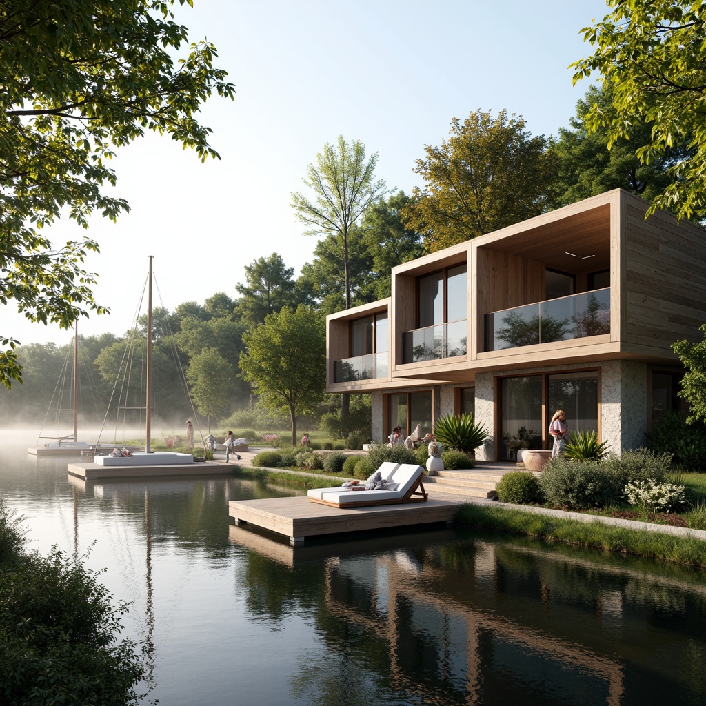 Prompt: Lakefront villa, serene water views, lush greenery, wooden docks, sailboats, calm lake surface, misty morning, warm sunlight, soft natural lighting, shallow depth of field, 1/2 composition, panoramic view, realistic reflections, ambient occlusion, modern minimalist design, large windows, sliding glass doors, natural stone walls, wooden accents, cozy interior spaces, comfortable outdoor seating areas.