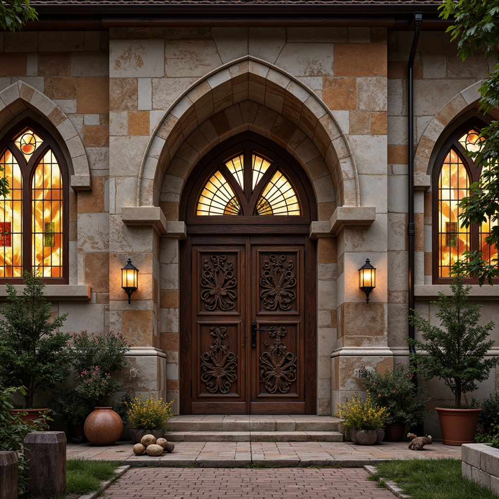 Prompt: Rustic monastery facade, distressed stone walls, ornate wooden doors, stained glass windows, intricate carvings, gothic arches, postmodernist twists, asymmetrical compositions, bold color contrasts, abstract murals, eclectic ornamentation, weathered copper accents, worn brick textures, mystical ambiance, soft warm lighting, shallow depth of field, 1/1 composition, realistic renderings, ambient occlusion.