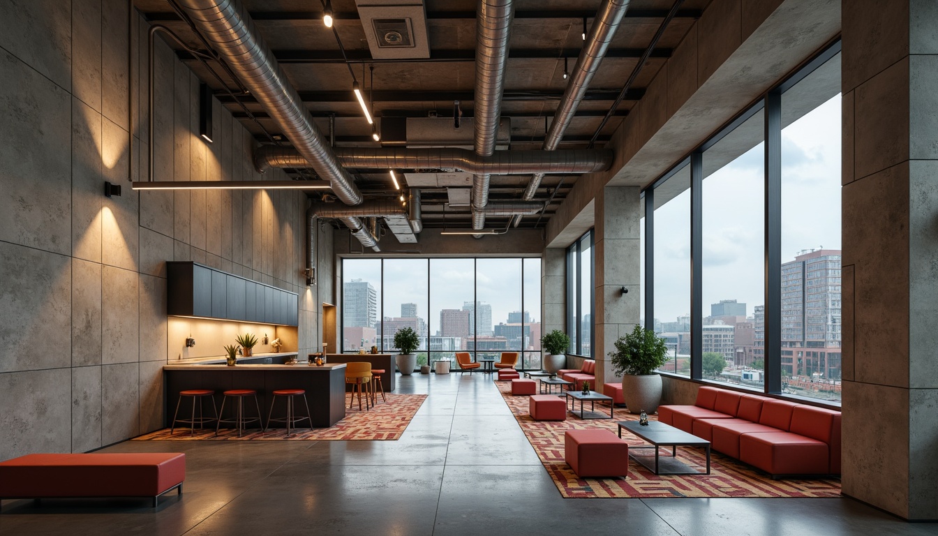 Prompt: Raw concrete walls, exposed ductwork, industrial-style lighting, functional corridors, communal kitchenettes, minimalist furniture, bold color accents, geometric patterned rugs, urban cityscape views, overcast skies, dramatic shadows, high-contrast lighting, 1/1 composition, symmetrical framing, gritty textures, ambient occlusion.