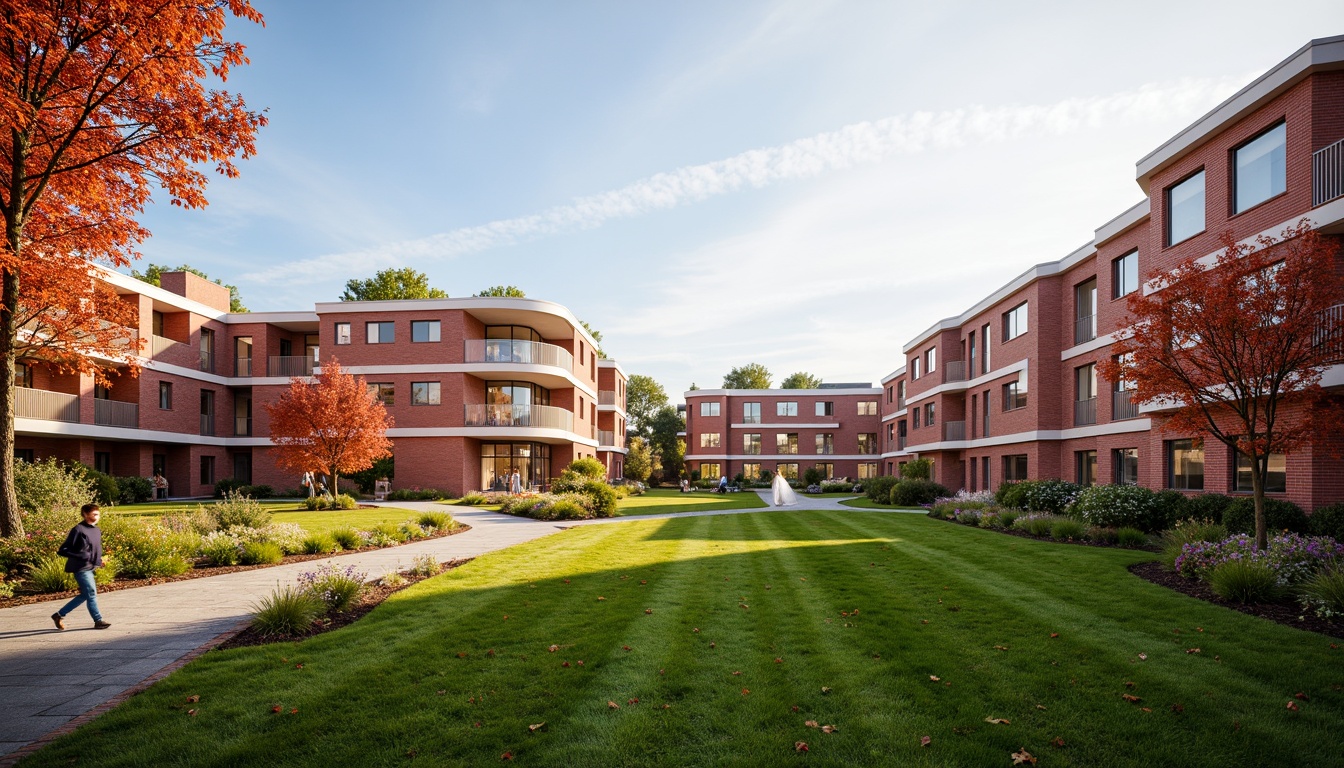 Prompt: Vibrant university campus, harmonious color palette, bold red brick buildings, contrasting white accents, lush green lawns, blooming flowers, natural stone pathways, modern minimalist architecture, sleek glass facades, warm golden lighting, shallow depth of field, 3/4 composition, panoramic view, realistic textures, ambient occlusion.