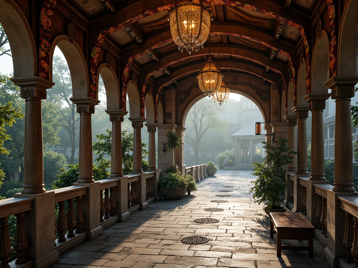 Prompt: Ornate Baroque bridge, rustic stone arches, intricately carved balustrades, polished bronze railings, ornamental lanterns, weathered copper roofing, distressed wooden decking, rich velvet draping, gilded accents, lavish crystal chandeliers, soft warm lighting, misty atmospheric effects, shallow depth of field, 1/2 composition, cinematic view, realistic textures, ambient occlusion.