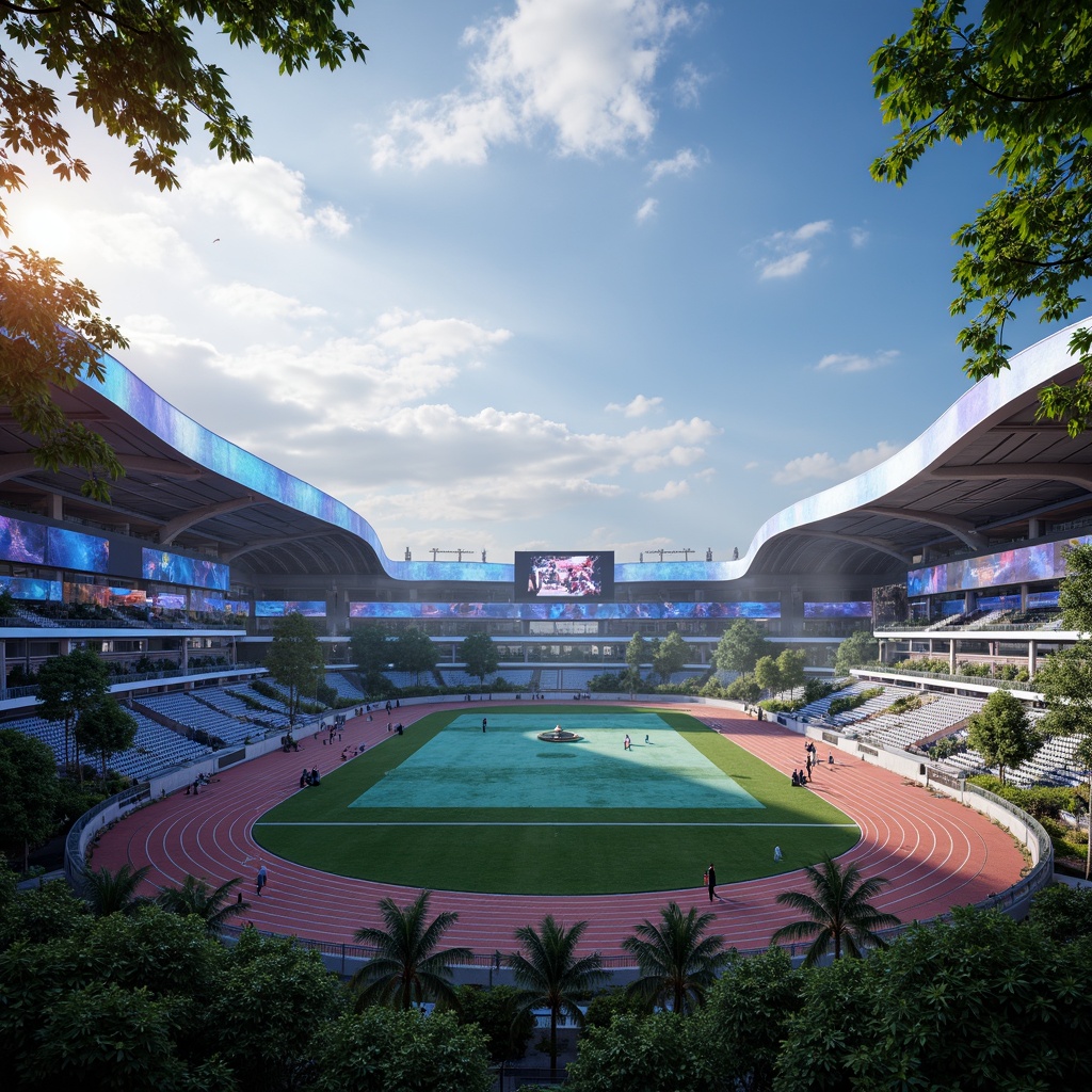 Prompt: Futuristic sports complex, undulating terrain, neon-lit athletic tracks, sleek metallic bleachers, holographic scoreboards, iridescent stadium roofs, glowing accents, vibrant LED lighting, misty atmospheric effects, shallow depth of field, 3/4 composition, panoramic view, realistic textures, ambient occlusion, lush greenery, tropical plants, palm trees, sunny day, warm soft focus, dynamic camera movements.