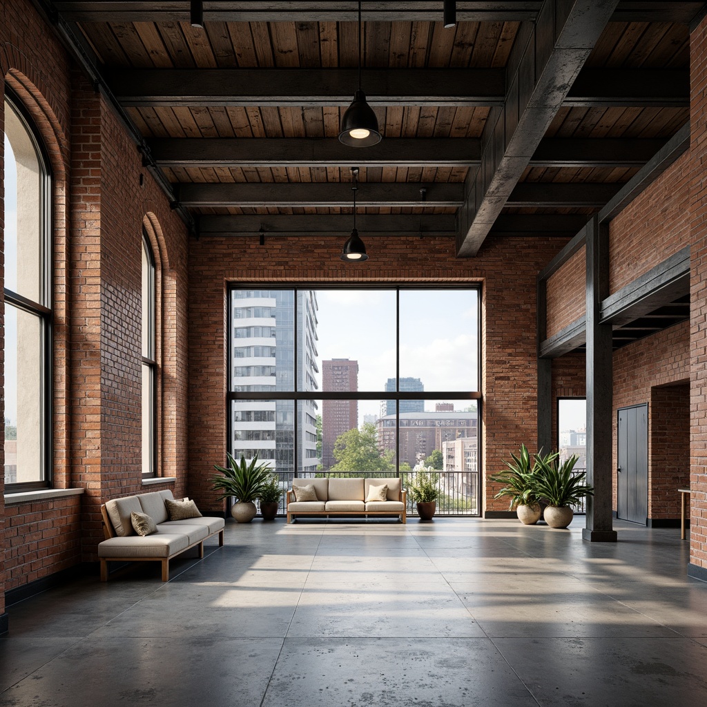 Prompt: Exposed brick walls, metal beams, reclaimed wood accents, industrial-style lighting fixtures, concrete floors, urban cityscape, converted warehouse, modern minimalist decor, functional simplicity, neutral color palette, distressed textures, edgy architectural lines, brutalist structures, functional spaces, open floor plans, natural ventilation systems, abundant natural light, high ceilings, urban loft atmosphere, gritty urban feel, dramatic shadows, low-key lighting, 3/4 composition, realistic materials, ambient occlusion.