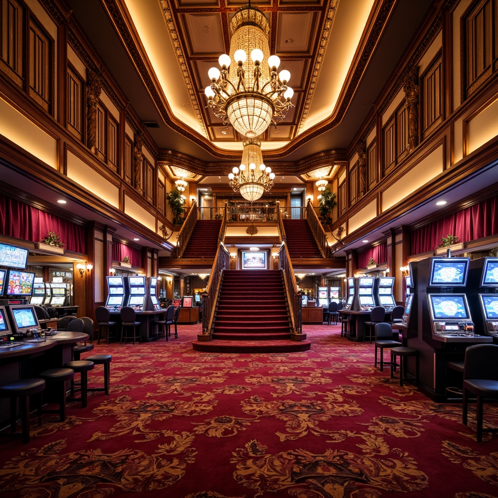 Prompt: Richly ornamented casino interior, lavish chandeliers, plush red carpets, ornate golden accents, intricate moldings, luxurious velvet drapes, grandiose staircases, opulent furnishings, vibrant neon lights, lively slot machines, bustling atmosphere, warm inviting ambiance, soft focus lighting, shallow depth of field, 1/2 composition, realistic textures, ambient occlusion.