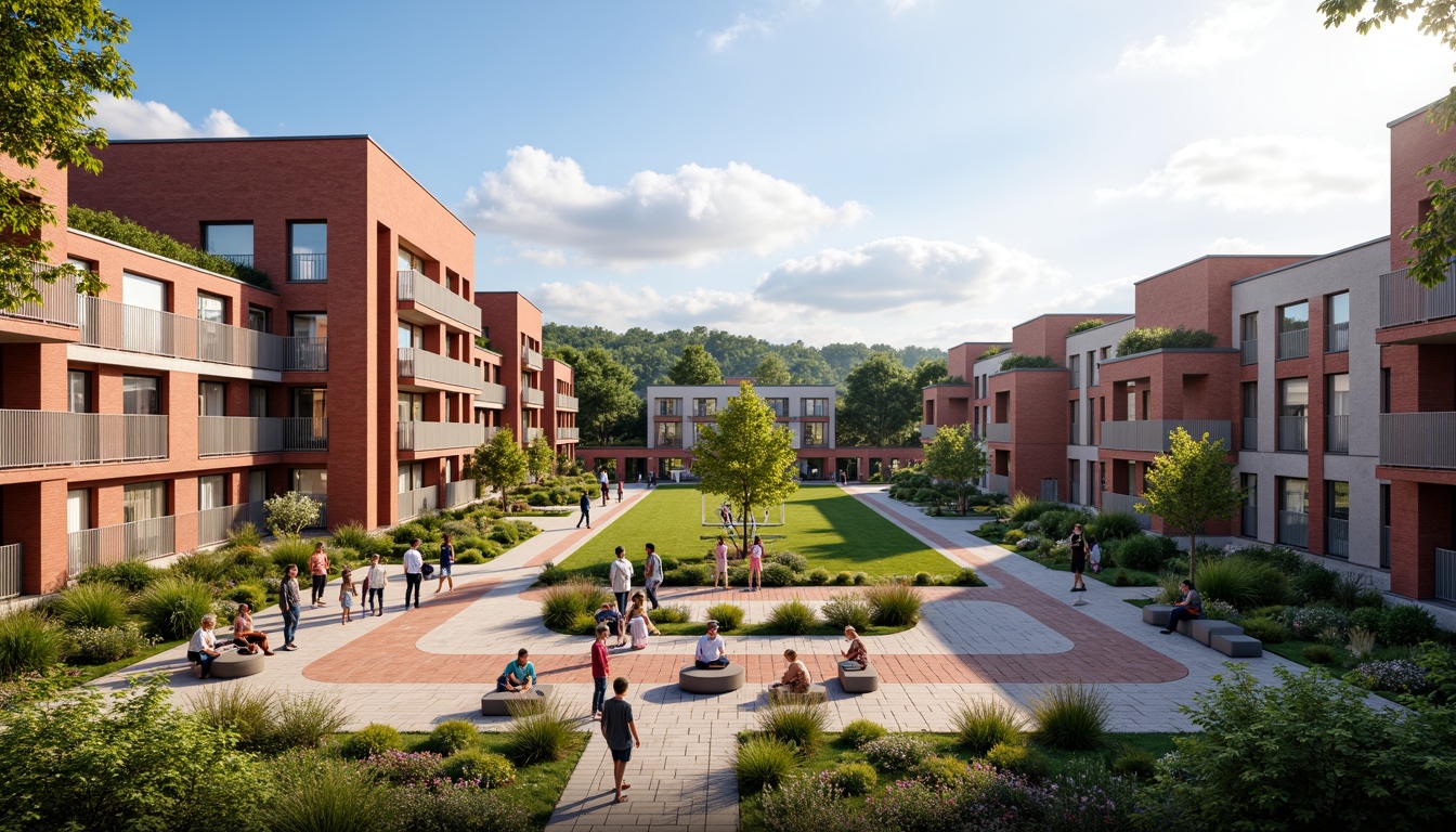 Prompt: Vibrant community courtyard, football stadium-inspired architecture, modern residential buildings, sleek metal railings, green roofs, urban landscape, sunny day, soft warm lighting, shallow depth of field, 3/4 composition, panoramic view, realistic textures, ambient occlusion, communal seating areas, outdoor fitness equipment, recreational spaces, children's playgrounds, community gardens, public art installations, dynamic color schemes, bold typography, energetic atmosphere.