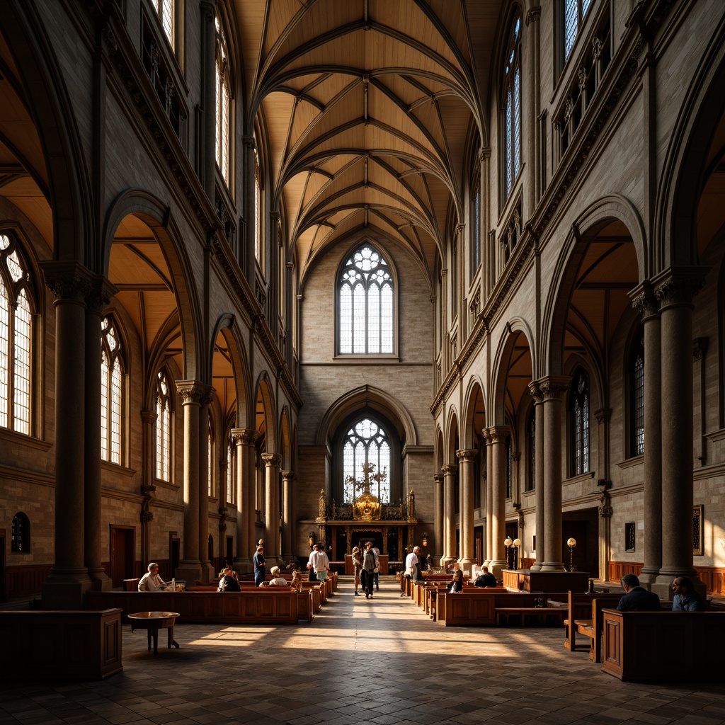 Prompt: Grand cathedral, pointed Gothic arches, ribbed vaults, flying buttresses, stained glass windows, intricate stone carvings, ornate pinnacles, dramatic verticality, mystical ambiance, warm golden lighting, soft diffused shadows, 1/2 composition, symmetrical framing, high contrast ratio, rich textures, atmospheric perspective.