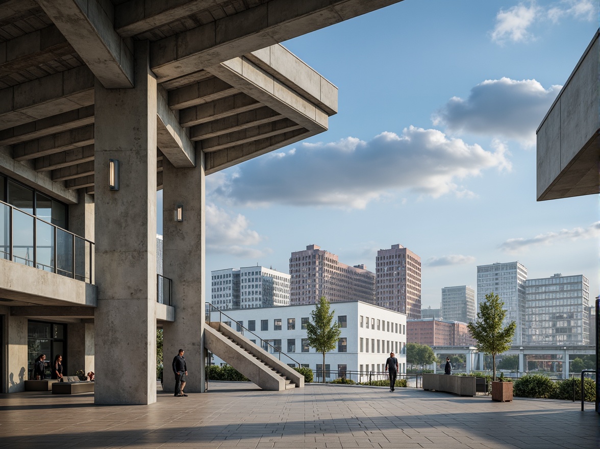 Prompt: Exposed concrete columns, sleek metal beams, minimalist ceiling design, industrial-style lighting fixtures, polished wooden floors, modern staircase with glass railings, cantilevered balconies, angular rooflines, geometric-shaped windows, urban cityscape views, cloudy blue sky, soft natural light, shallow depth of field, 3/4 composition, realistic textures, ambient occlusion.