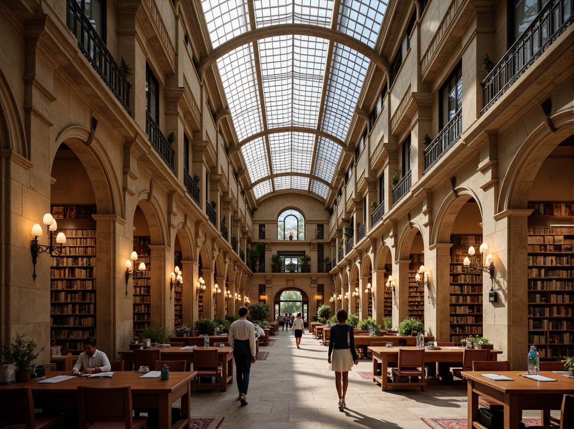 Prompt: Grandiose library, Renaissance Revival style, ornate stone fa\u00e7ade, arched windows, stained glass ceilings, high vaulted roofs, clerestory windows, natural light pouring in, warm beige walls, rich wood accents, comfortable reading nooks, elegant chandeliers, subtle color palette, soft diffused lighting, 1/1 composition, symmetrical balance, realistic textures, ambient occlusion.