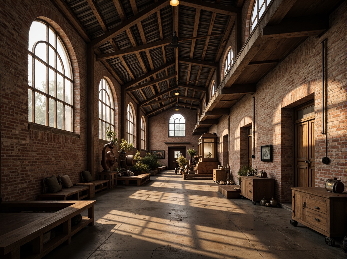 Prompt: Rustic industrial factory, Romanesque fa\u00e7ade, arched windows, ornate stone carvings, distressed brick walls, metal cladding, corrugated roofing, vintage machinery, exposed ductwork, reclaimed wood accents, earthy color palette, warm golden lighting, dramatic shadows, 1/2 composition, low-angle shot, realistic textures, ambient occlusion.