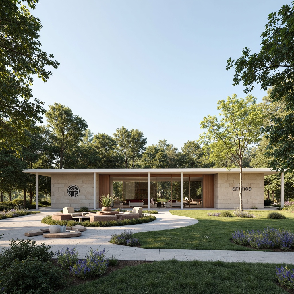 Prompt: Simple visitor center, minimalist facade, clean lines, monochromatic color scheme, natural stone walls, large glass windows, sliding doors, open floor plan, minimal ornamentation, functional design, subtle branding, wooden accents, neutral tones, abundant natural light, soft shadows, shallow depth of field, 1/1 composition, realistic textures, ambient occlusion, serene surroundings, lush greenery, walking trails, scenic views.