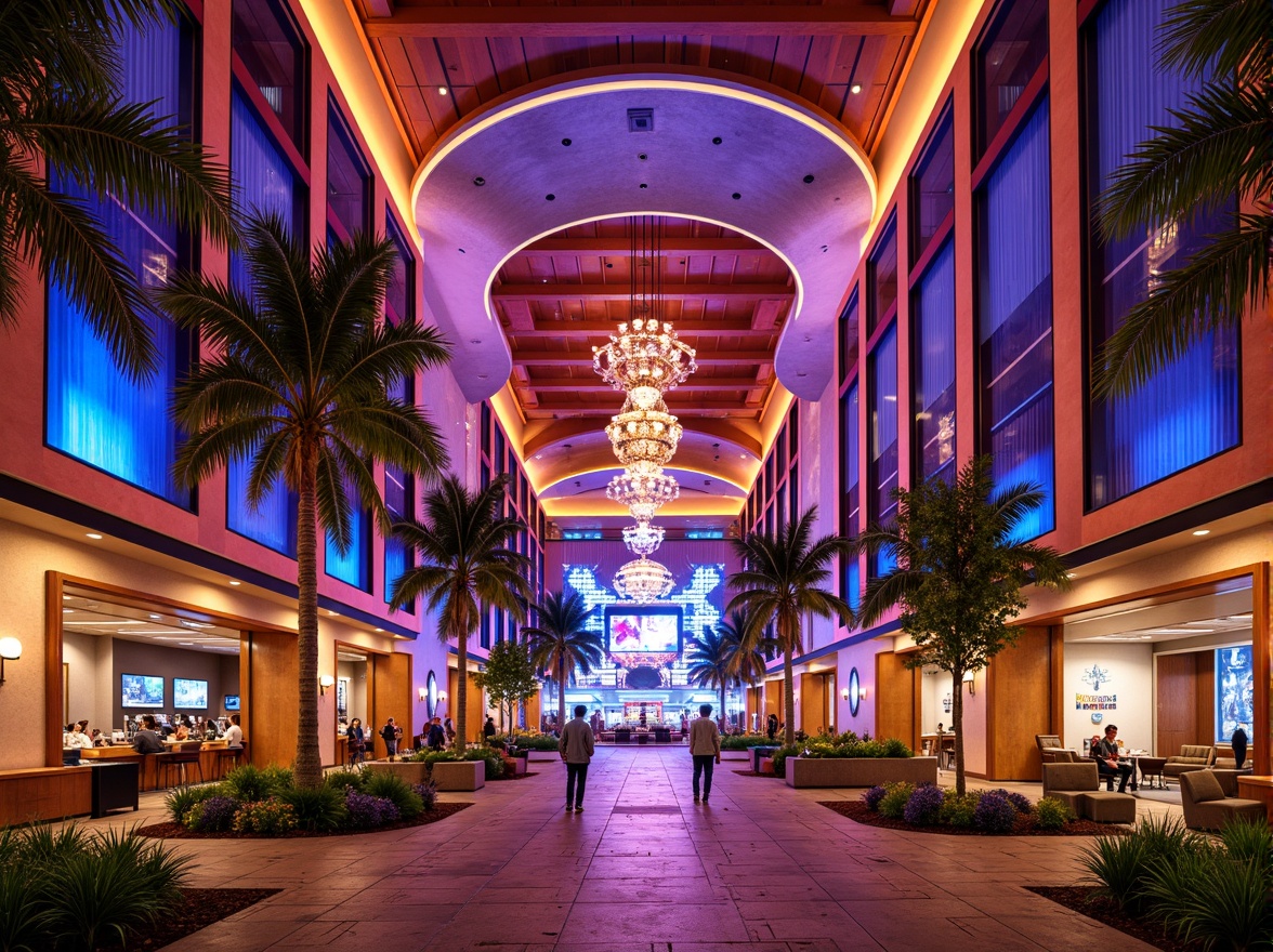 Prompt: Vibrant casino facade, neon lights, dynamic LED displays, curved glass surfaces, metallic accents, futuristic architecture, regionalist influences, desert landscape, palm trees, warm sandy tones, luxurious entrance, grand atrium, high ceilings, ornate chandeliers, lavish decorations, bold geometric patterns, intricate mosaics, ambient lighting, shallow depth of field, 1/1 composition, realistic textures, detailed normal maps.