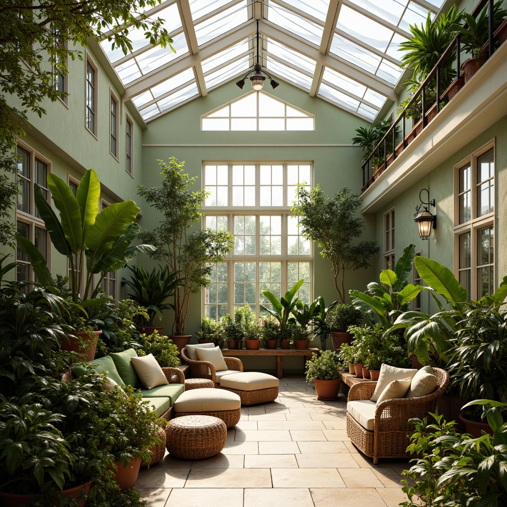 Prompt: Vibrant botanical greenhouse, lush tropical plants, warm natural light, misty atmosphere, earthy terracotta pots, reclaimed wood accents, soft sage green walls, creamy white trim, rustic metal frames, delicate glass roofs, dappled shade, warm beige stone floors, cozy reading nooks, plush green velvet sofas, natural linen textiles, woven rattan furniture, airy open spaces, refreshing morning light, gentle misting system, 1/1 composition, soft focus, realistic plant textures.