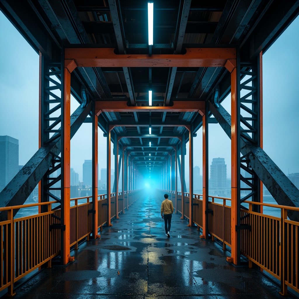 Prompt: Modern urban bridge, sleek metal structure, bold industrial colors, dark grey steel beams, bright orange accents, vibrant yellow safety rails, cool blue LED lighting, misty atmospheric effects, shallow depth of field, 1/1 composition, realistic metallic textures, ambient occlusion.