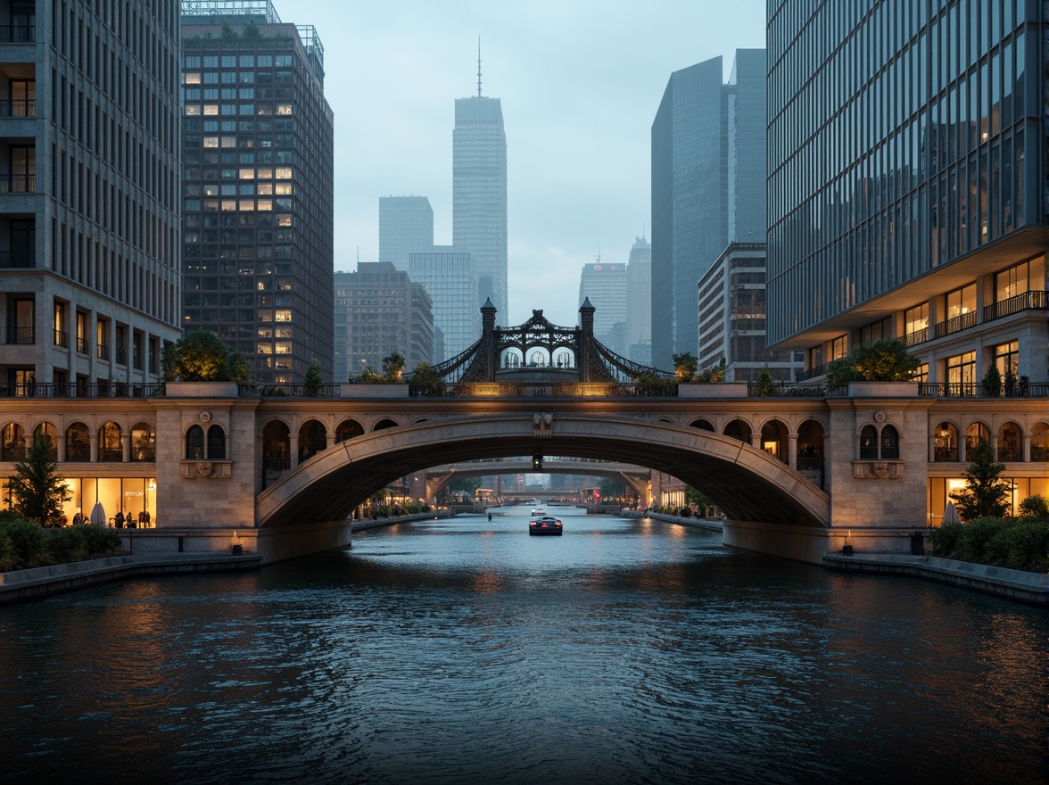 Prompt: Grandiose Baroque-style bridge, ornate stone carvings, sweeping arches, majestic river views, urban cityscape, modern skyscrapers, bustling streets, vibrant streetlights, misty evening atmosphere, warm golden lighting, shallow depth of field, 1/2 composition, symmetrical framing, realistic water reflections, ambient occlusion.