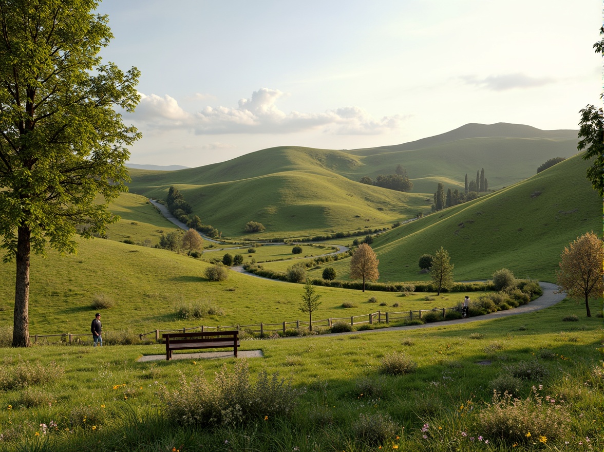 Prompt: Rolling hills, lush green grass, wildflowers, meandering pathways, rustic wooden fences, natural stone benches, serene atmosphere, warm sunlight, soft breeze, shallow depth of field, 3/4 composition, panoramic view, realistic textures, ambient occlusion, gentle slopes, scattered trees, native plant species, eco-friendly maintenance, sustainable irrigation systems, minimalist design, organic shapes, earthy color palette.