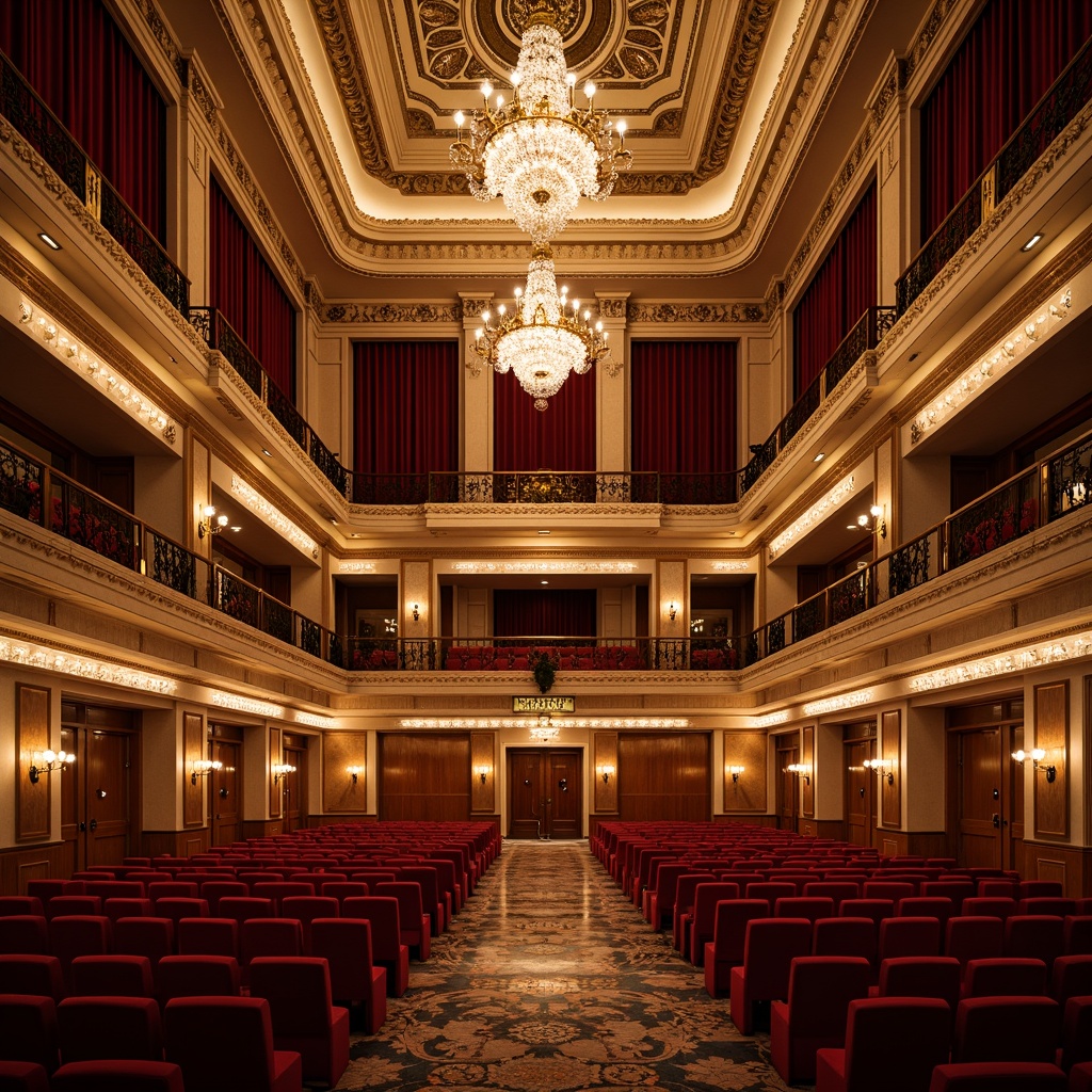 Prompt: Grand auditorium, ornate chandeliers, intricate moldings, luxurious velvet curtains, polished wooden floors, elegant staircases, majestic balconies, ornamental railings, gilded accents, crystal sconces, plush seating areas, richly patterned carpets, dramatic spotlights, warm golden lighting, shallow depth of field, 1/2 composition, symmetrical framing, realistic textures, ambient occlusion.