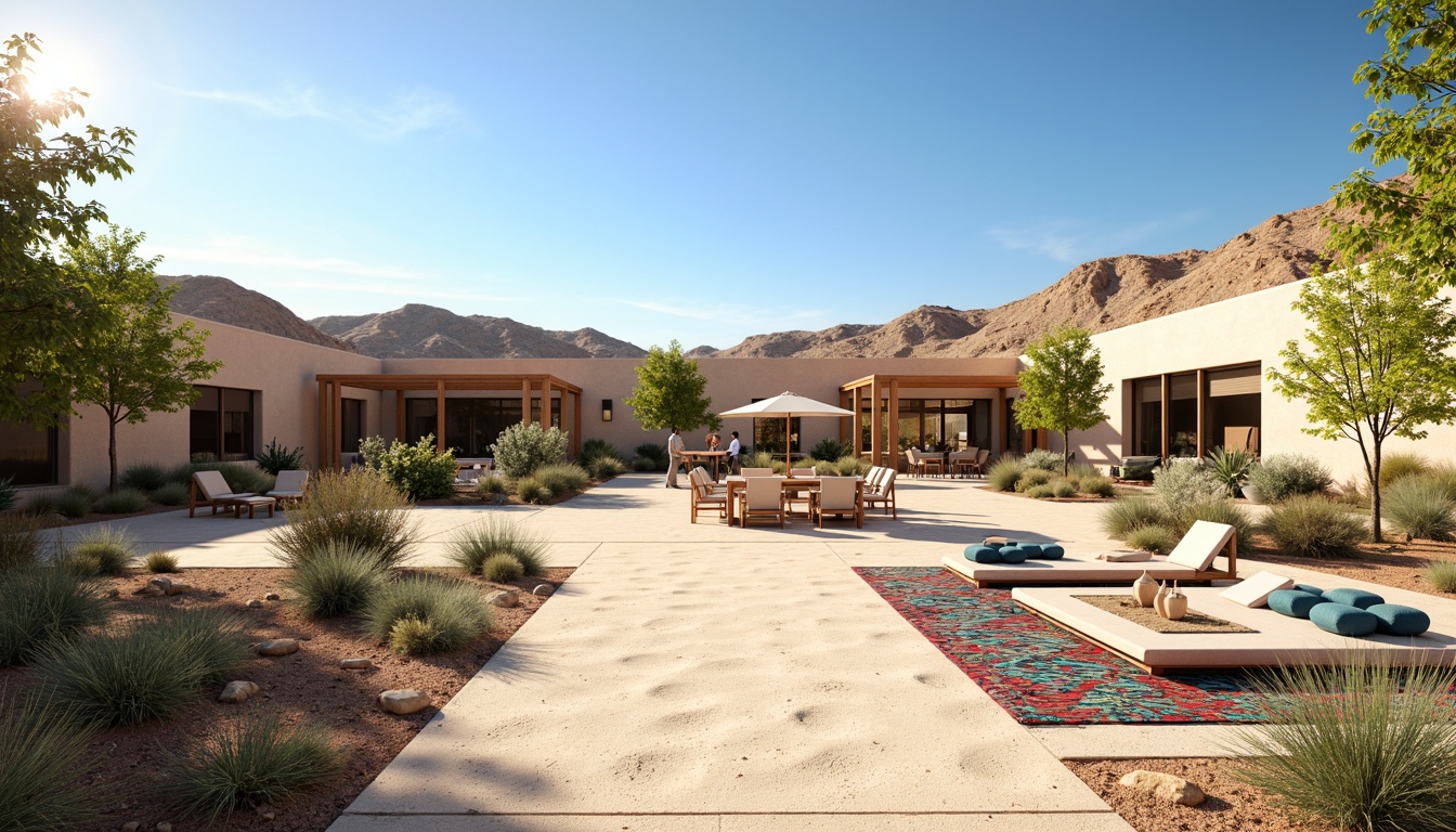 Prompt: Desert oasis, sandy dunes, cactus plants, succulent gardens, hot sunny day, clear blue sky, vast open space, modern desert-inspired architecture, earthy tones, natural stone walls, wooden accents, minimalist design, xeriscaping, drought-tolerant plants, water-efficient irrigation systems, outdoor seating areas, shaded pergolas, misting systems, vibrant colorful textiles, intricate geometric motifs, warm ambient lighting, shallow depth of field, 3/4 composition, panoramic view.