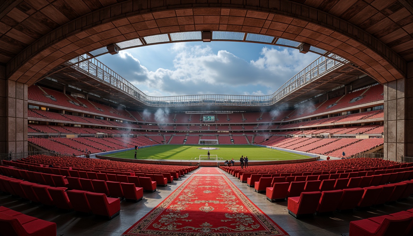 Prompt: Luxurious football stadium, Romanesque architecture, ornate stone carvings, grandiose archways, vibrant team colors, plush velvet seats, intricate patterned rugs, richly textured upholstery, metallic accents, dramatic spotlights, warm ambient lighting, 1/1 composition, shallow depth of field, realistic fabric simulations, detailed stitching, soft focus blur, atmospheric misting effects.