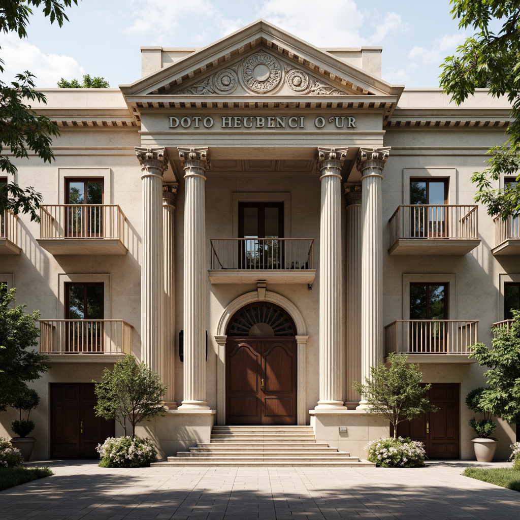 Prompt: Grandiose classical facade, ornate columns, intricately carved details, symmetrical composition, majestic entrance, sweeping arches, rusticated stone walls, decorative cornices, ornamental balustrades, grand staircases, elegant balconies, refined moldings, subtle color palette, soft natural lighting, shallow depth of field, 1/1 composition, realistic textures, ambient occlusion.