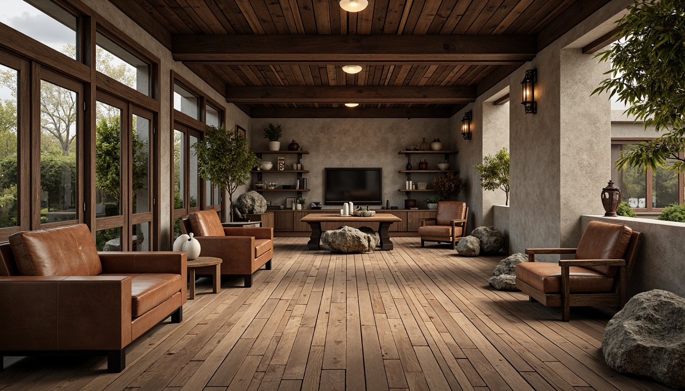 Prompt: Rustic wooden planks, distressed finishes, earthy tones, natural stone walls, rough-hewn boulders, moss-covered rocks, weathered metal accents, vintage industrial pipes, reclaimed wood furniture, worn leather upholstery, soft warm lighting, shallow depth of field, 3/4 composition, panoramic view, realistic textures, ambient occlusion.