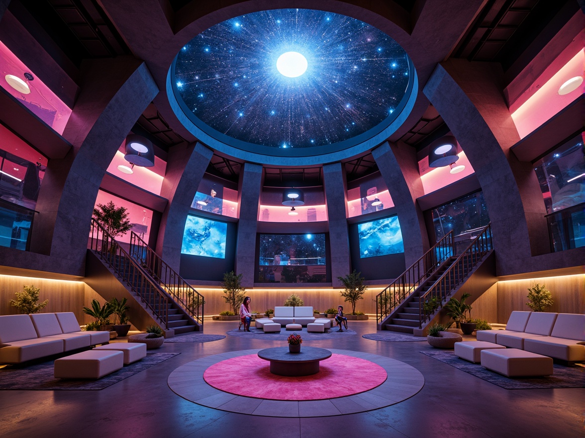 Prompt: Cosmic planetarium, futuristic dome structure, geometric shapes, Bauhaus-inspired design, bold color blocking, abstract patterns, circular orbits, starry night sky, neon-lit constellations, minimalist furniture, sleek metal accents, glass partitions, ambient lighting, 3/4 composition, low-angle shot, cinematic atmosphere, realistic textures, subtle animations.