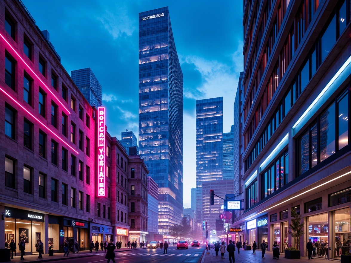 Prompt: Neon-lit skyscrapers, iridescent glass facades, metallic silver accents, holographic advertisements, luminescent LED lights, electric blue hues, vibrant pink neon signs, sleek chrome details, futuristic urban landscapes, cyberpunk cityscapes, dystopian alleys, retro-futuristic nostalgia, atmospheric mist effects, cinematic lighting, high-contrast shadows, 3/4 composition, symmetrical architecture, geometric patterns, abstract shapes, avant-garde design elements.