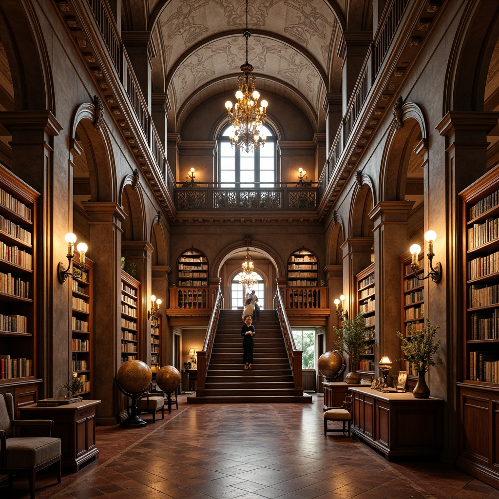 Prompt: Grandiose library facade, ornate Renaissance details, intricately carved stone columns, arched windows, rusticated quoins, symmetrical composition, grand entrance, sweeping staircases, opulent chandeliers, rich wood paneling, leather-bound tomes, vintage globes, warm golden lighting, soft focus, shallow depth of field, 2/3 composition, classical proportions, realistic textures, ambient occlusion.