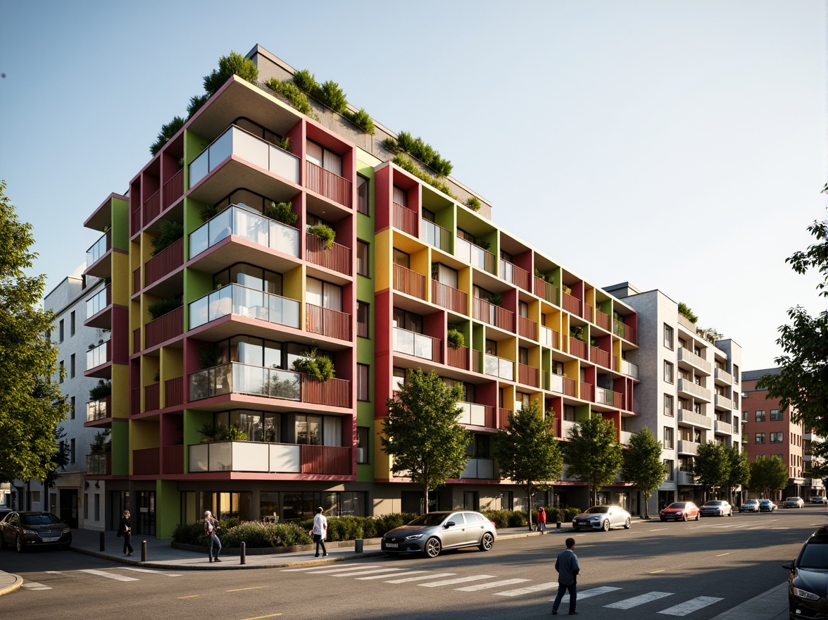 Prompt: Vibrant social housing complex, modern facade design, bold color schemes, geometric patterns, angular balconies, cantilevered roofs, sustainable materials, green walls, vertical gardens, urban landscape, bustling city life, warm sunny day, soft natural lighting, shallow depth of field, 3/4 composition, panoramic view, realistic textures, ambient occlusion.