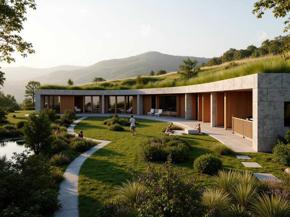 Prompt: Harmonious building facade, lush green roofs, verdant walls, natural stone cladding, wooden accents, large windows, sliding glass doors, minimalist design, seamless indoor-outdoor transition, organic architecture, curved lines, earthy color palette, serene atmosphere, soft warm lighting, shallow depth of field, 3/4 composition, panoramic view, realistic textures, ambient occlusion, surrounding landscape, rolling hills, meandering paths, native plant species, seasonal changes, misty morning, warm sunny day.