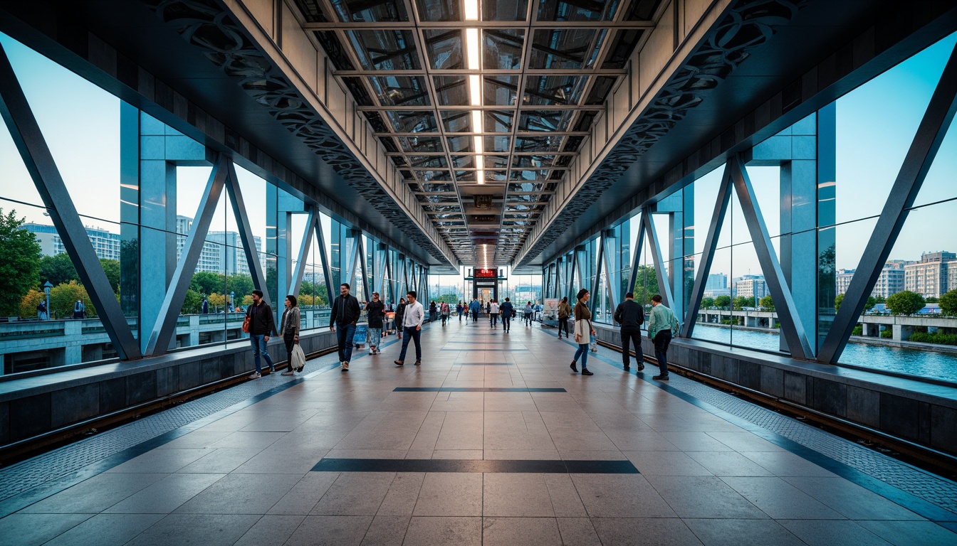 Prompt: Futuristic metro station, dynamic LED lighting, sleek glass fa\u00e7ade, angular metal frames, vibrant cityscape, bustling urban atmosphere, modern transportation hub, efficient passenger flow, spacious interior, natural stone flooring, stainless steel accents, geometric patterned ceilings, advanced ventilation systems, energy-efficient solutions, green roofs, panoramic views, shallow depth of field, 3/4 composition, realistic textures, ambient occlusion.