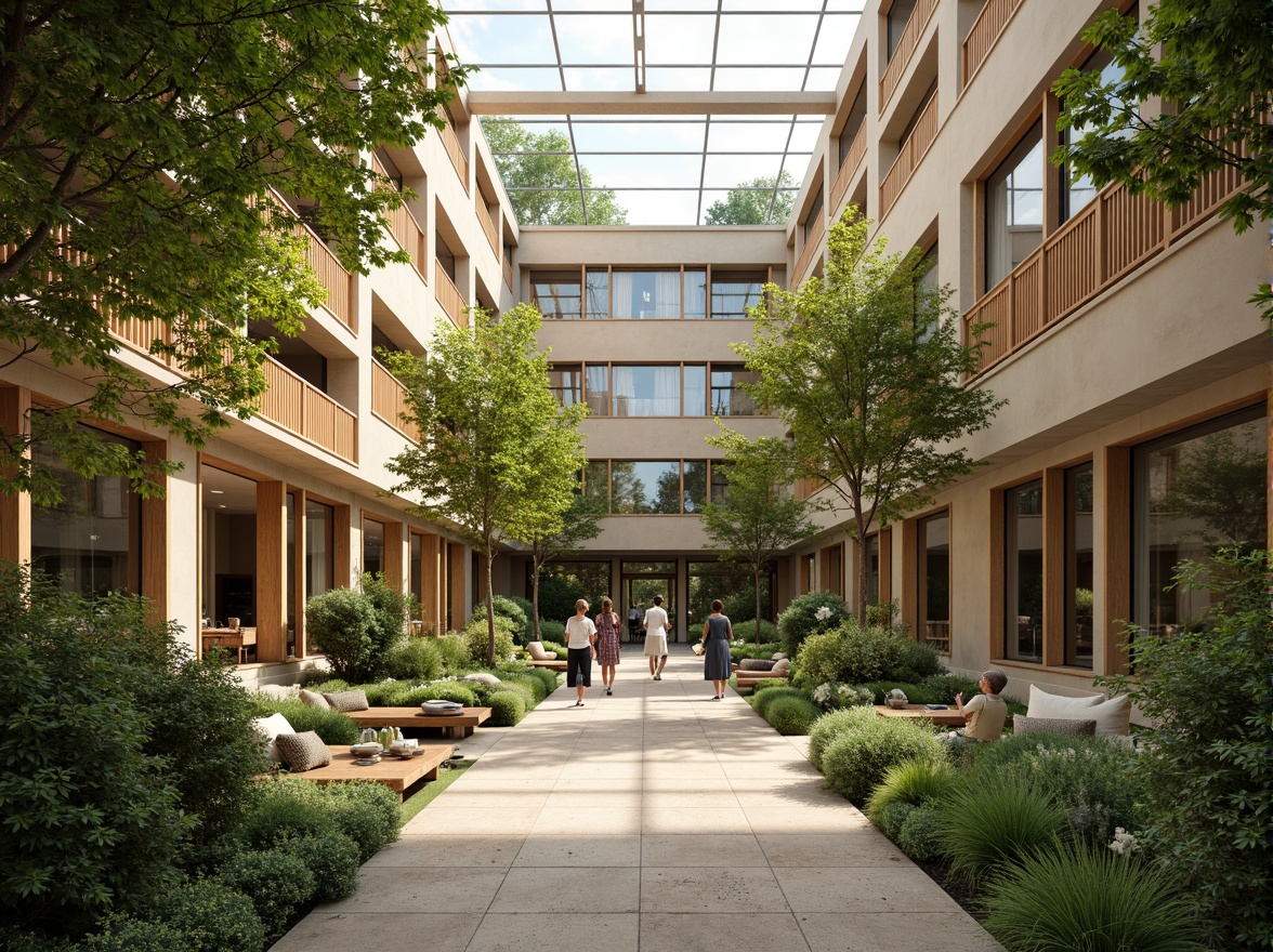 Prompt: Vibrant atrium, lush greenery, natural stone walls, wooden accents, floor-to-ceiling windows, clerestory windows, skylights, open spaces, minimalist decor, warm beige tones, soft diffused lighting, indirect sunlight, ambient shadows, 1/1 composition, realistic textures, subtle color palette, serene atmosphere, peaceful ambiance, organic forms, sustainable materials, eco-friendly design.