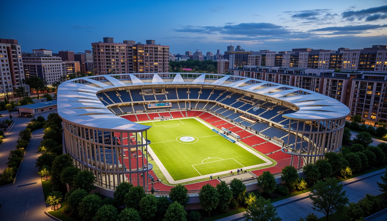 Prompt: Vibrant football stadium, social housing complex, curved lines, dynamic shapes, bold color schemes, metallic materials, LED lighting systems, cantilevered roofs, open-air balconies, communal green spaces, recreational facilities, community centers, public art installations, urban landscape integration, modern architecture, angular fa\u00e7ades, transparent glass walls, sleek steel beams, atmospheric evening lighting, shallow depth of field, 1/2 composition, realistic textures, ambient occlusion.