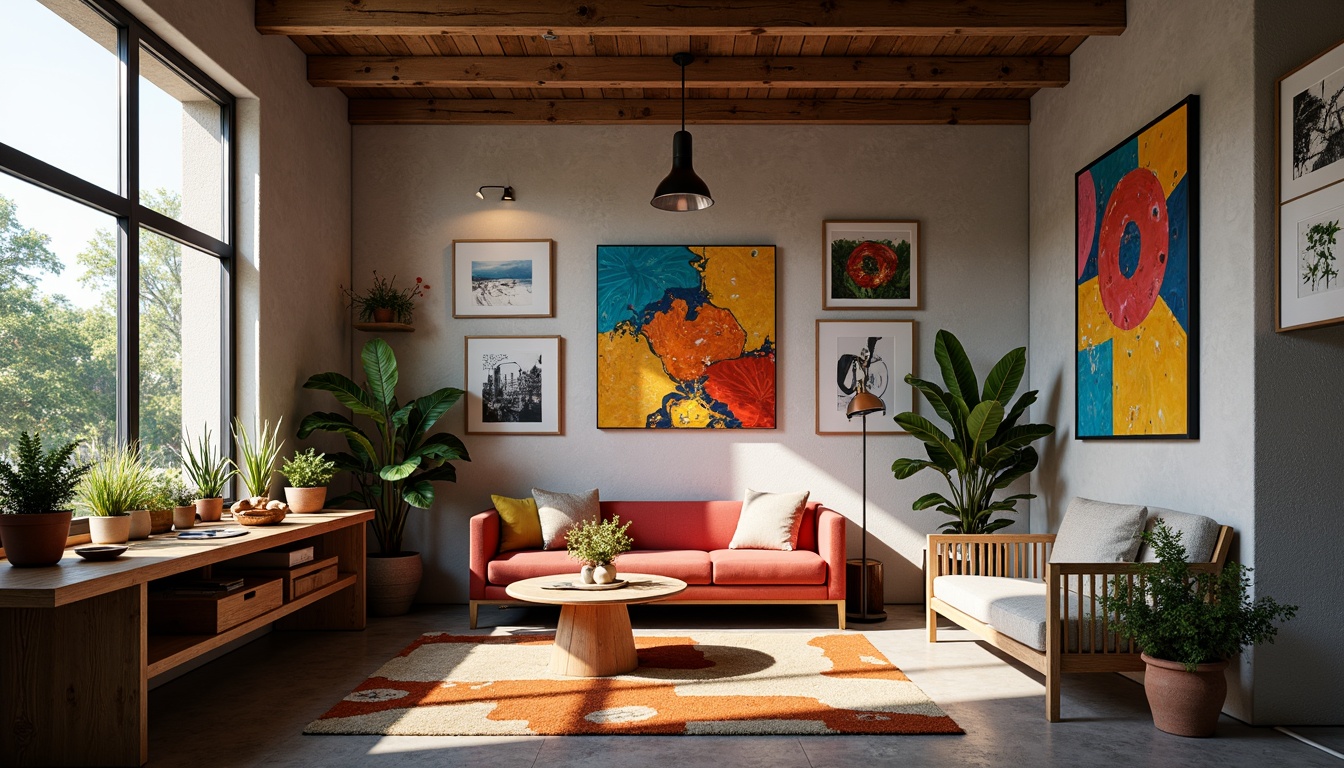 Prompt: Vibrant art studio, eclectic furniture, abstract artwork, bold color blocking, contrasting textures, rich wood accents, industrial metal frames, modern minimalist decor, natural light pouring in, soft warm glow, 3/4 composition, shallow depth of field, realistic renderings, ambient occlusion.