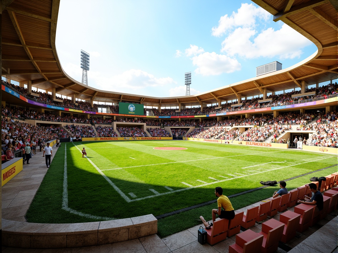 Prompt: Curved organic stadium design, lush green grass, natural stone seating areas, wooden benches, vibrant team colors, dynamic crowd atmosphere, sunny day, soft warm lighting, shallow depth of field, 3/4 composition, panoramic view, realistic textures, ambient occlusion, tiered seating arrangement, comfortable spectator experience, accessible concession stands, modern amenities, eco-friendly materials, innovative ventilation systems, shaded outdoor spaces.