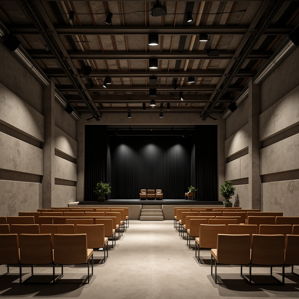 Prompt: Minimalist theater interior, concrete floors, industrial metal beams, exposed ductwork, simple wooden seats, sleek black stage, subtle LED lighting, dramatic spotlights, acoustic panels, sound-absorbing materials, neutral color palette, monochromatic tones, clean lines, minimal ornamentation, functional simplicity, urban loft atmosphere, high ceilings, open space, flexible seating arrangements, movable partitions, versatile performance areas, warm ambient glow, soft shadows, 1/1 composition, realistic textures, subtle reflections.