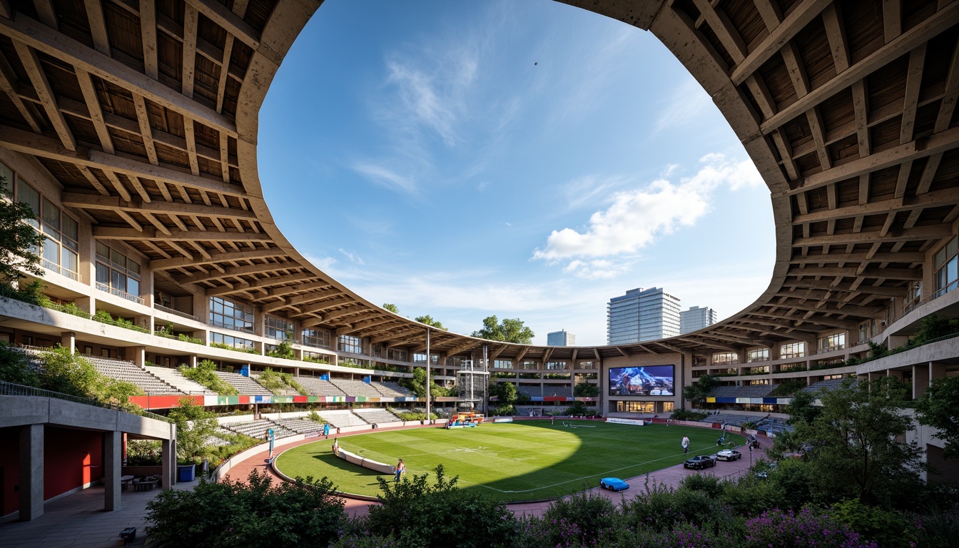 Prompt: Vibrant football stadium, social housing complex, brutalist architecture, exposed concrete structures, industrial metal beams, reclaimed wood accents, urban landscape, city skyline views, communal green spaces, public art installations, dynamic LED lighting, angular geometric forms, cantilevered balconies, corrugated metal cladding, raw concrete textures, atmospheric misting systems, 1/1 composition, dramatic low-angle shots, cinematic lighting effects.