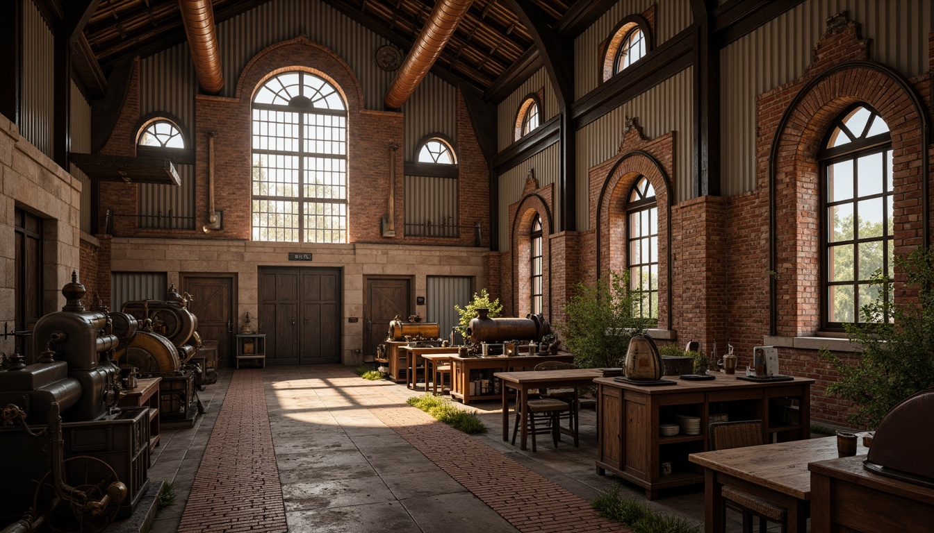 Prompt: Rustic industrial factory, Romanesque fa\u00e7ade, arched windows, ornate stone carvings, distressed brick walls, metal cladding, corrugated roofing, vintage machinery, exposed ductwork, reclaimed wood accents, earthy color palette, warm golden lighting, dramatic shadows, 1/2 composition, low-angle shot, realistic textures, ambient occlusion.