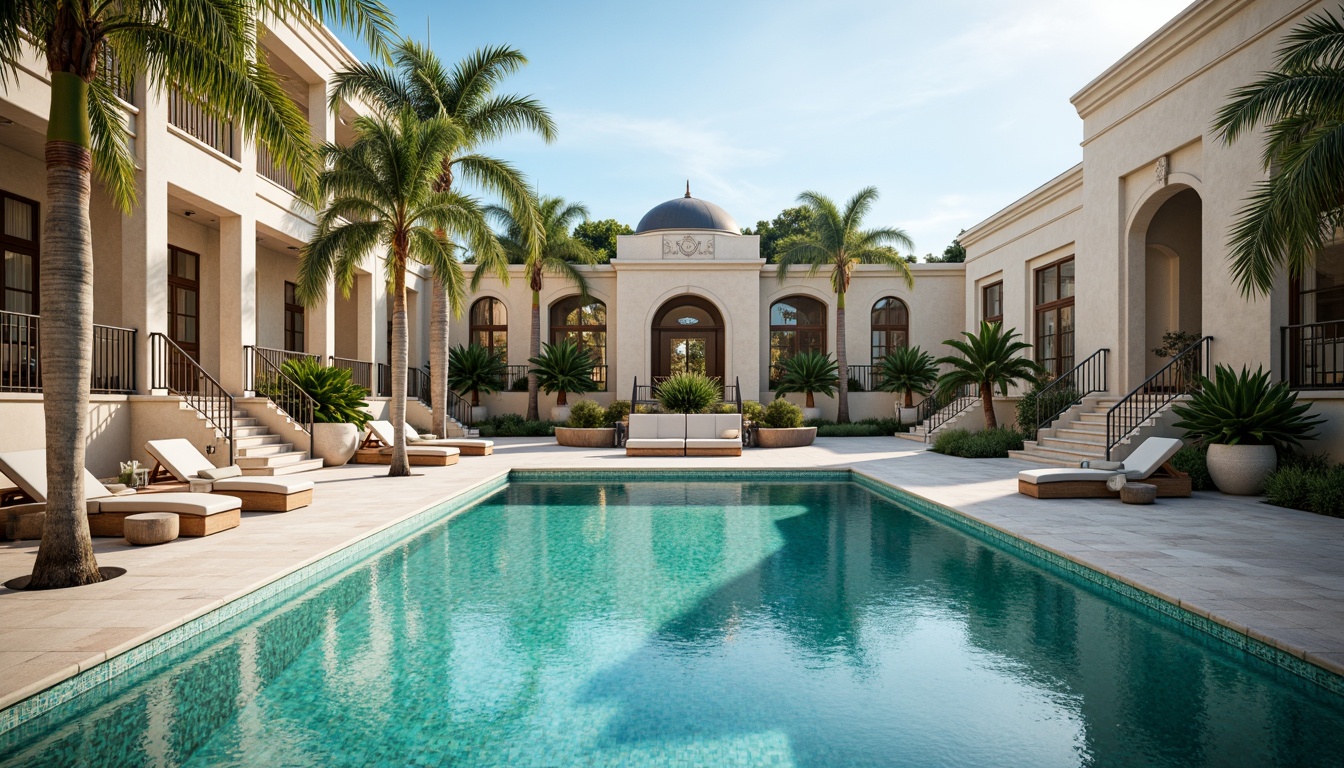 Prompt: Elegant swimming pool, symmetrical composition, neoclassical architecture, ornate fountains, grand staircases, marble flooring, classical columns, arches, domed roofs, crystal clear water, turquoise tiles, subtle lighting, warm ambiance, serene atmosphere, lush greenery, tropical plants, palm trees, sunny day, soft focus, shallow depth of field, 1/1 composition, realistic textures, ambient occlusion.